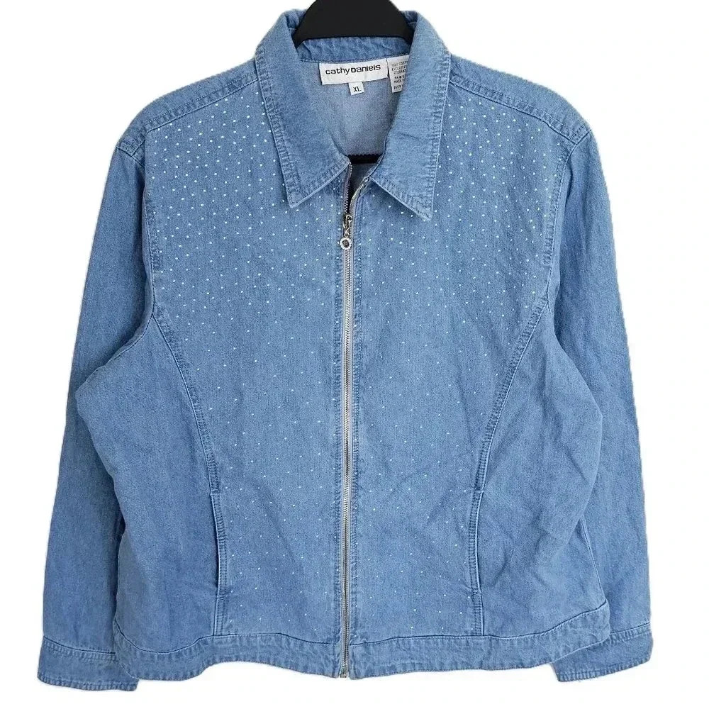 Cathy Daniels Blue Jean Chambray Jacket With Rhinestones XL‎ NWT